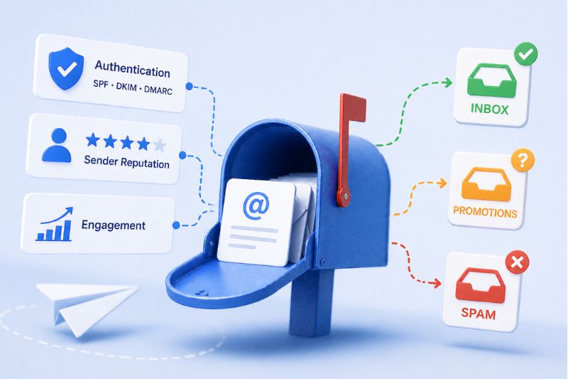 Illustration of a blue mailbox with email icons, highlighting why are my emails going to spam—factors like authentication, sender reputation, and engagement can affect delivery to the inbox, promotions, or spam folders.