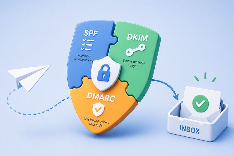 A shield-shaped puzzle shows SPF, DKIM, and DMARC components with icons, a paper plane, and an inbox with a checkmark—revealing why are my emails going to spam by illustrating essential email security protocols.