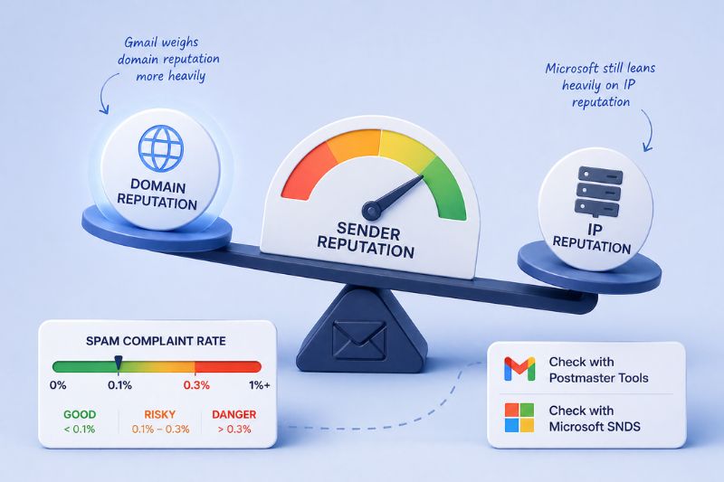 A scale balancing domain reputation and IP reputation affects sender reputation—which helps answer why are my emails going to spam; spam complaint rate, Gmail, and Microsoft reputation criteria are also shown.