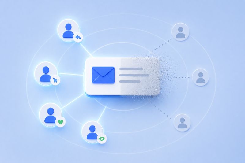 Illustration of an email icon in the center connected to multiple user icons on a light blue background, symbolizing email distribution and raising the question: why are my emails going to spam?.