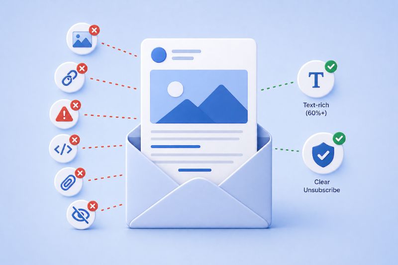 Diagram of an email in an envelope with icons illustrating why are my emails going to spam: avoid images, links, warnings, scripts, attachments, and trackers; use text-rich content and clear unsubscribe for best practices.
