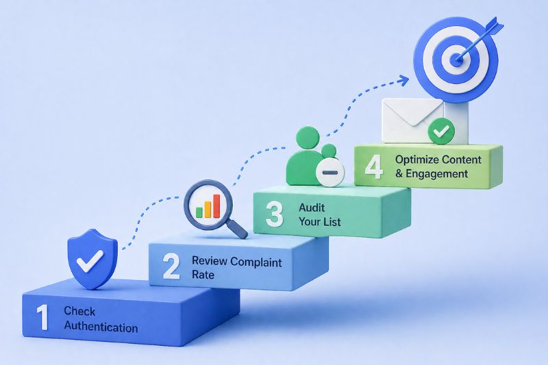 A four-step illustrated process for email marketing, answering "why are my emails going to spam": check authentication, review complaint rate, audit your list, and optimize content and engagement—shown as staircase blocks with icons.