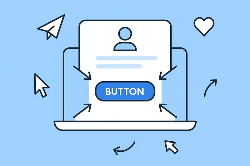 Illustration of a laptop screen with a user profile and a blue "BUTTON," surrounded by arrows and icons like cursors, a paper plane, and a heart—capturing key elements of email marketing best practices.
