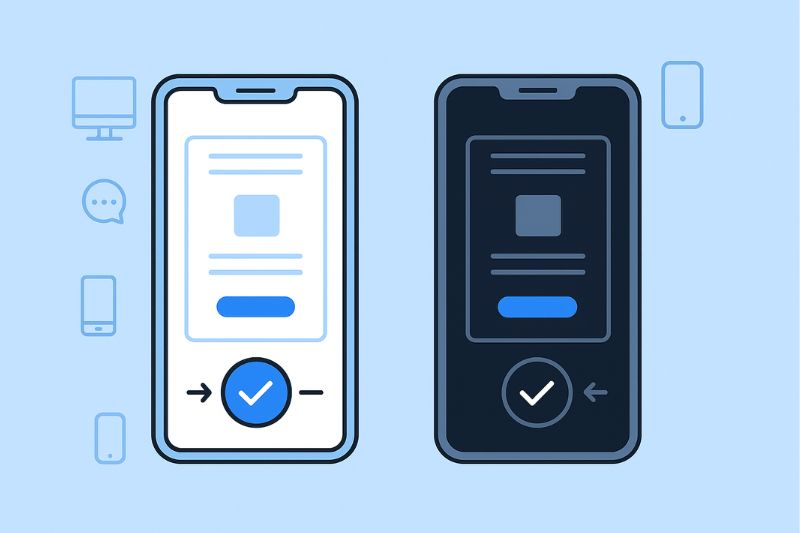 Illustration of two smartphones side by side, one in light mode and one in dark mode, both displaying a completed form with a checkmark button—highlighting email marketing best practices for mobile-friendly design.