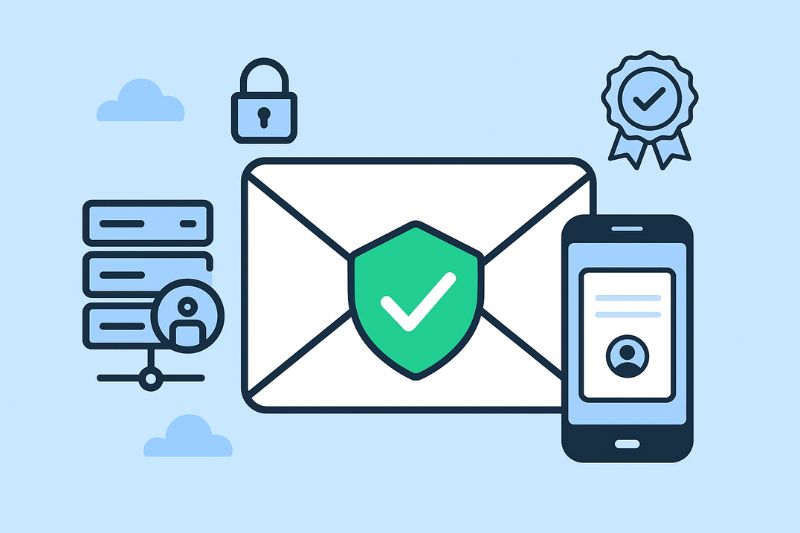 Illustration of an envelope with a shield and checkmark, a smartphone, server icons, padlock, and certificate, representing secure communication, data protection, and email marketing best practices.