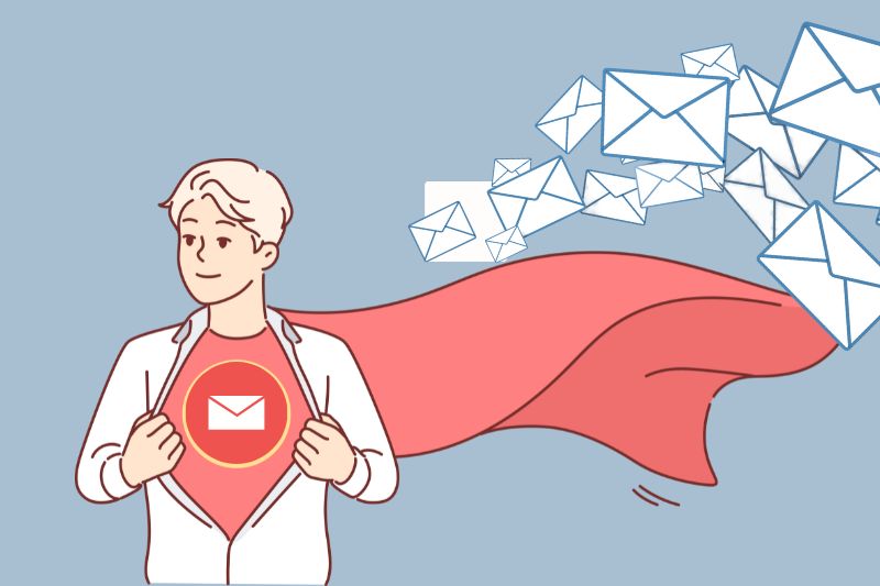 Illustration of a superhero with a cape, revealing an email icon on their chest, as envelopes fly around them, titled "How to Send Mass Emails," against a light blue background.