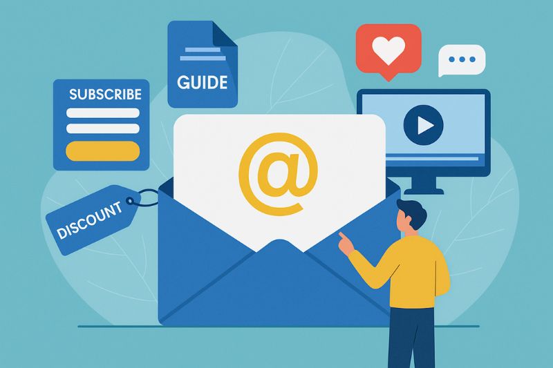 Illustration of a person pointing at a large envelope with an email symbol, highlighting Email Marketing along with icons for subscribe, guide, discount, video, and social media notifications.