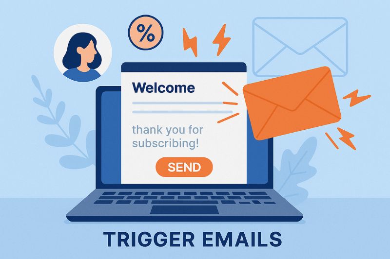 Illustration of a laptop displaying a "Welcome" trigger email with a send button, envelopes, and notification icons, representing an automated Email Marketing subscription process.