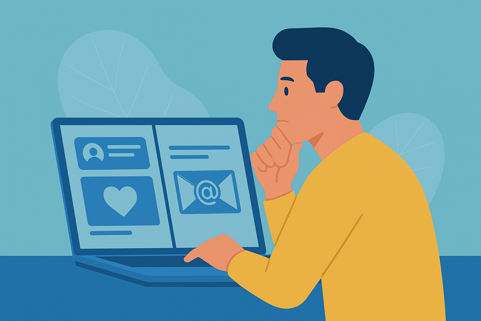 Ilustração de uma pessoa de camisa amarela sentada em uma mesa, olhando atentamente para um laptop aberto que exibe ícones de mídia social, mensagens e notificações de marketing por e-mail.