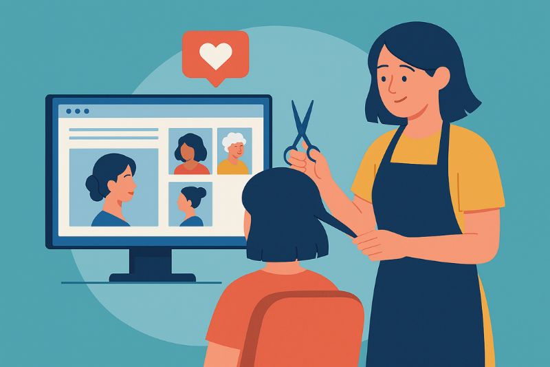A hairdresser cuts a person's hair in front of a computer displaying a video call with four participants, while an Email Marketing notification pops up alongside a heart icon above the screen.