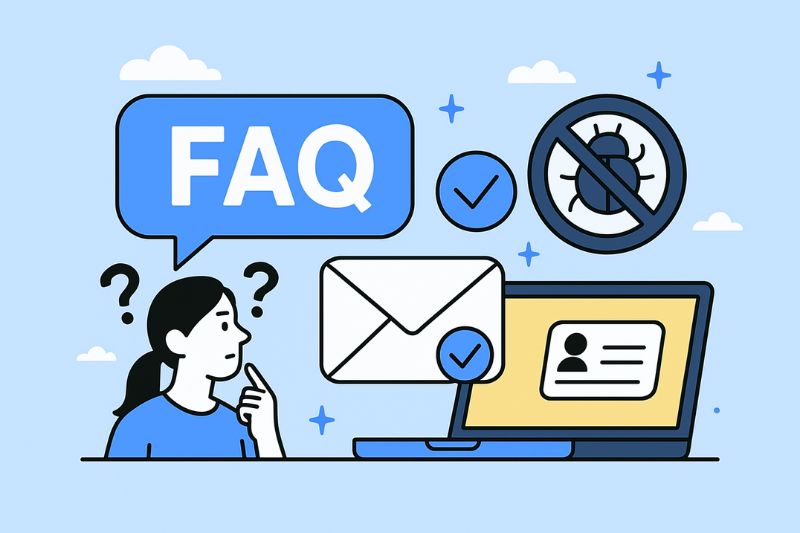 Ilustração do Guia do profissional de marketing por e-mail: uma pessoa com pontos de interrogação, um balão de perguntas frequentes, um envelope, um laptop, além de ícones de segurança e um erro riscado.