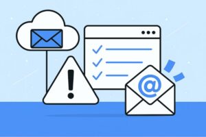 Illustration of an email envelope, a cloud with an envelope, a checklist, and a warning sign, representing Amazon SES emails going to spam and the importance of monitoring email communication for potential alerts.