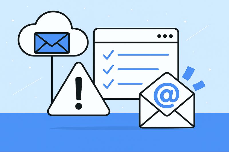 Illustration of an email envelope, a cloud with an envelope, a checklist, and a warning sign, representing Amazon SES emails going to spam and the importance of monitoring email communication for potential alerts.