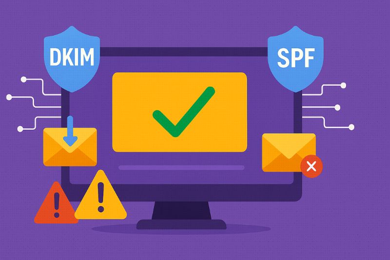 Uma tela de computador com uma marca de verificação verde, ícones de escudo rotulados como DKIM e SPF e envelopes com símbolos de aviso e erro, ilustrando como os e-mails do Amazon SES que vão para o spam podem ser evitados por protocolos de segurança de e-mail adequados.