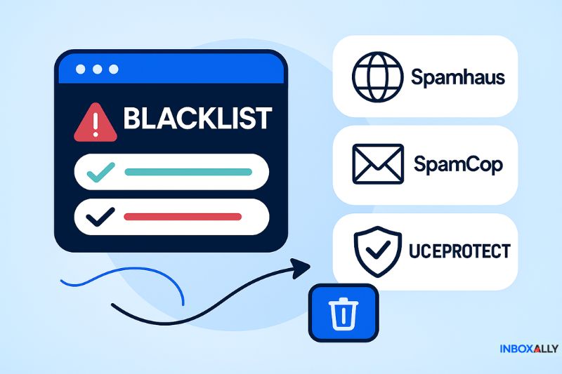 Um gráfico mostrando um aviso de e-mail na lista negra em uma tela, com logotipos da Spamhaus, SpamCop e UCEPROTECT e uma seta apontando para um ícone de lixeira.