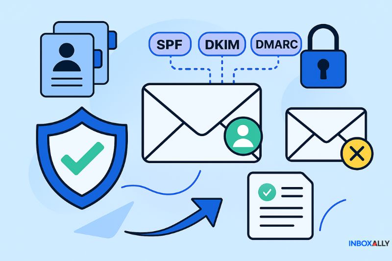 Ilustração mostrando conceitos de segurança de e-mail - SPF, DKIM, DMARC - um escudo com uma marca de verificação, um cadeado e envelopes simbolizando status de e-mail verificado, não verificado e na lista negra.