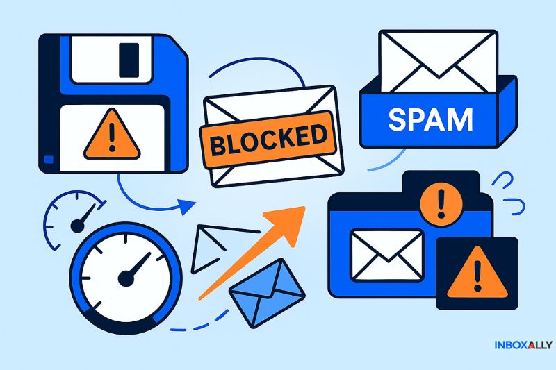 Ilustração de e-mail na lista negra e mensagens marcadas com spam, símbolos de aviso, disquete, velocímetros e envelopes, representando problemas de filtragem e entrega de e-mail.