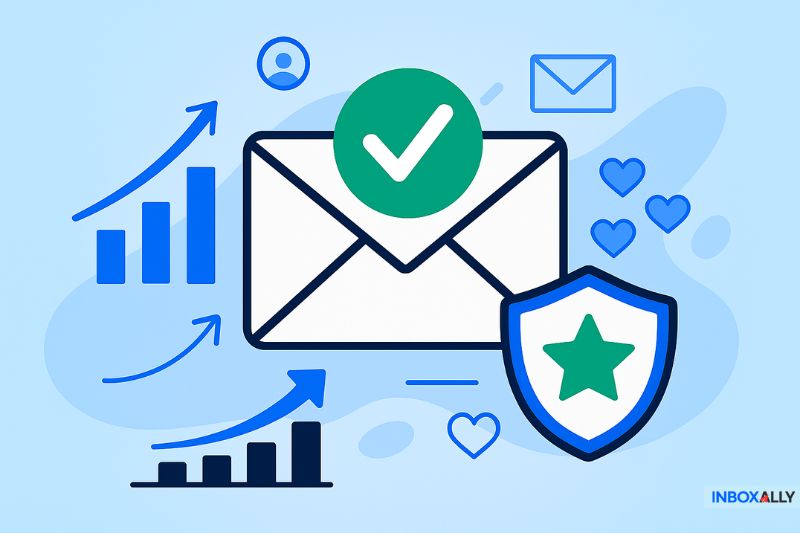 Ilustração de um envelope com uma marca de verificação, escudo com estrela, gráficos e ícones de mensagem, simbolizando uma comunicação de e-mail segura e bem-sucedida, livre de ameaças de e-mail na lista negra.