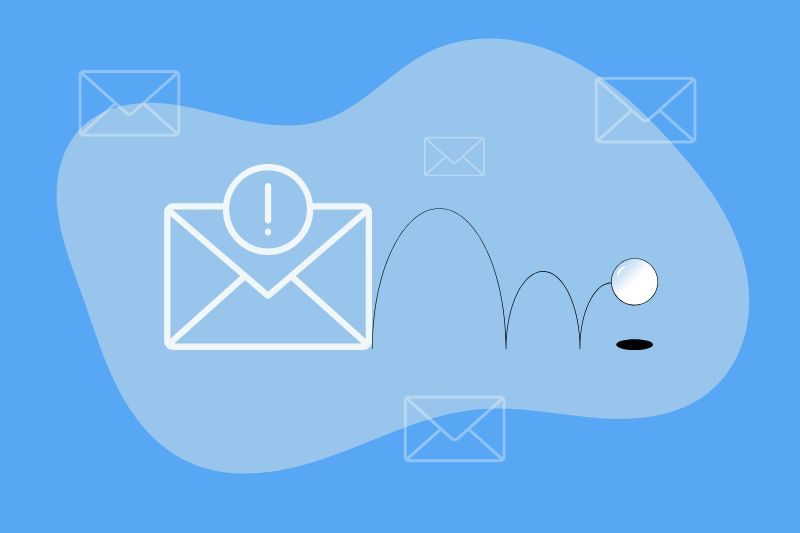 Illustration of an email icon with an exclamation mark and a bouncing ball, symbolizing email deliverability issues and bounce, set against a blue background with transparent envelopes.