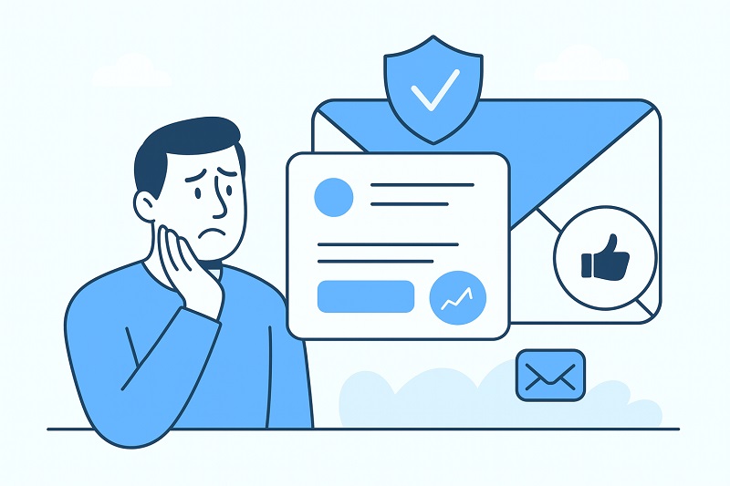 Ilustración de un hombre preocupado viendo correos electrónicos y notificaciones, con un escudo con una marca de verificación y un pulgar hacia arriba, destacando la importancia de las Mejores Prácticas de Entregabilidad del Correo Electrónico.