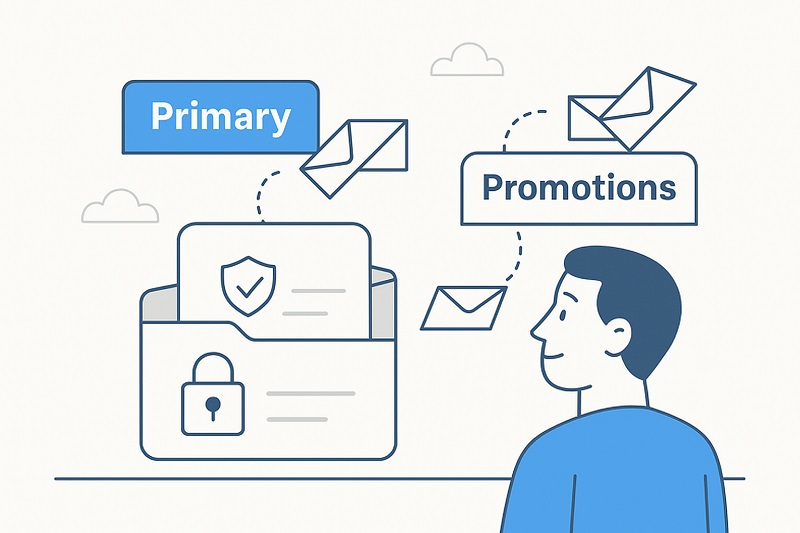 Ilustración de una persona viendo un sobre abierto con correos electrónicos volantes etiquetados como 