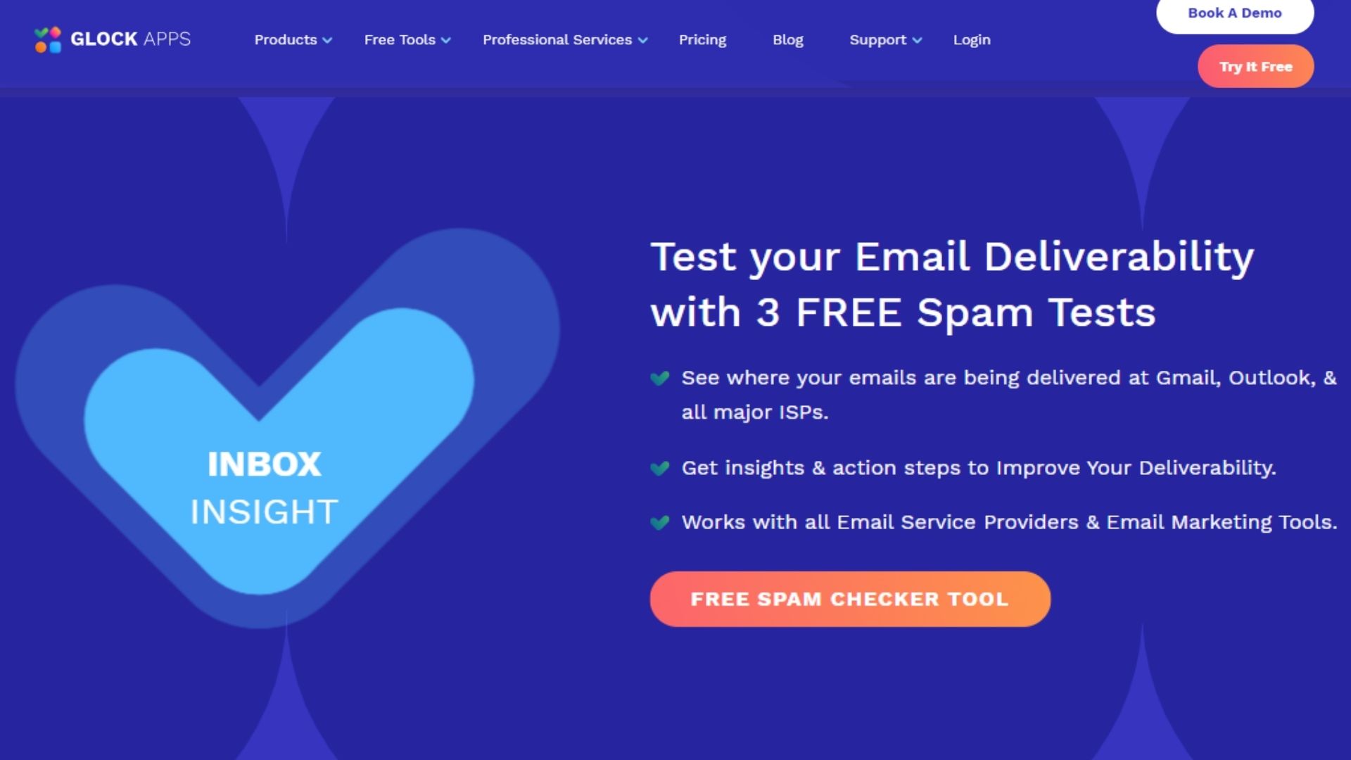 A screenshot of a webpage from GlockApps promoting an email delivery and spam test service