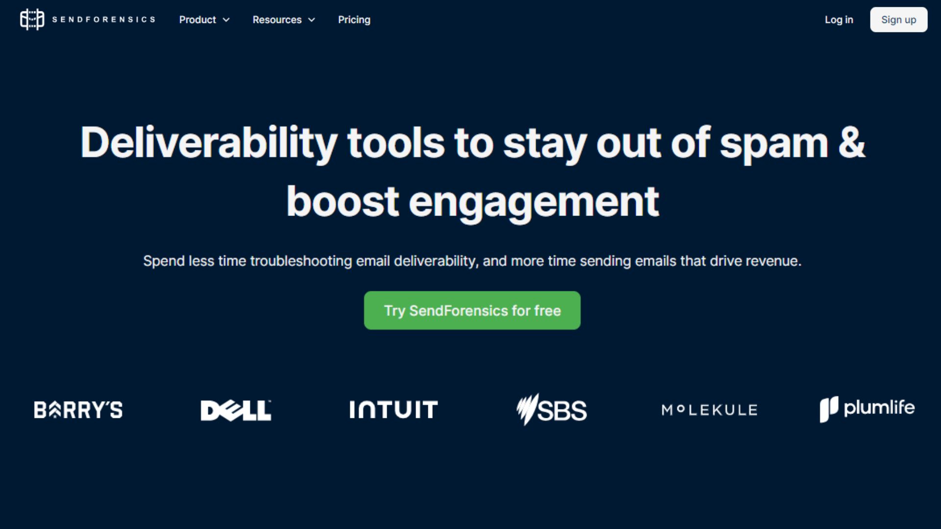 Screenshot of the SendForensics website homepage. Text reads, "Deliverability tools to stay out of spam & boost engagement."