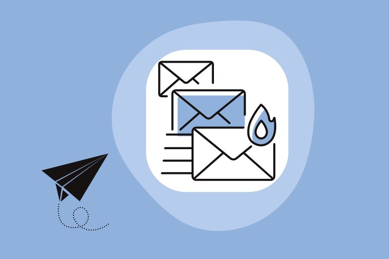 Illustration of incoming envelopes, one with a flame icon symbolizing urgency, and a paper plane on a blue background, representing the efficiency of the best email deliverability tools.