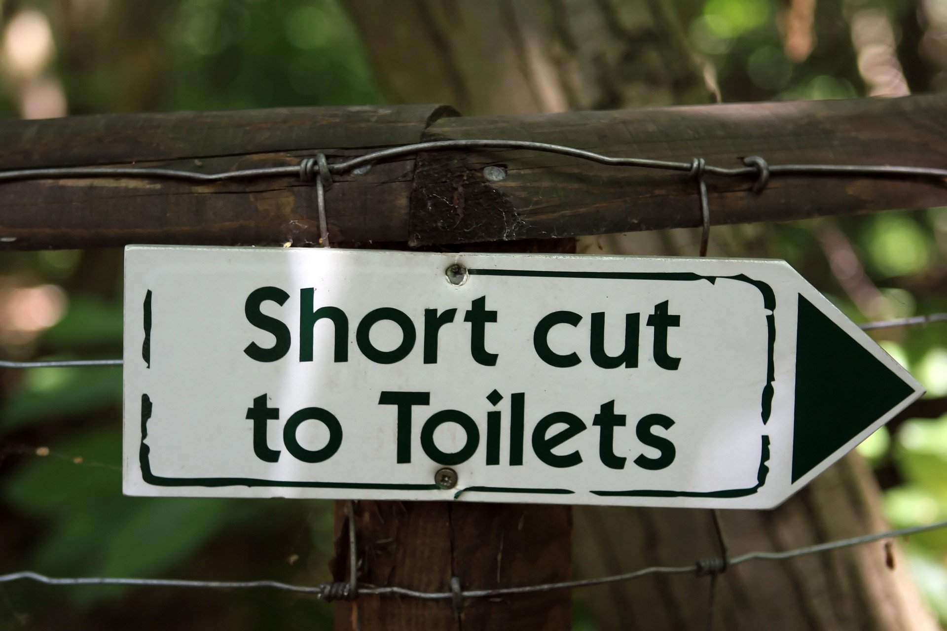 sign pointing to toilets
