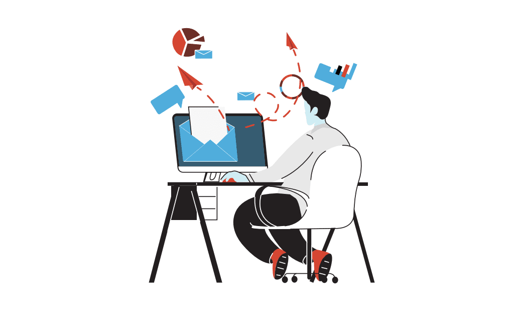 digital art of man at desk sending emails