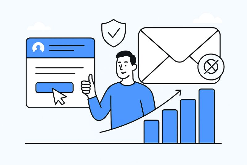 Ilustração de uma pessoa dando um sinal de positivo, com um formulário de login de e-mail, escudo, envelope com sinal de proibido e um gráfico de barras ascendente - destacando dicas para melhorar a capacidade de entrega dos e-mails da InfusionSoft para melhor crescimento e proteção.