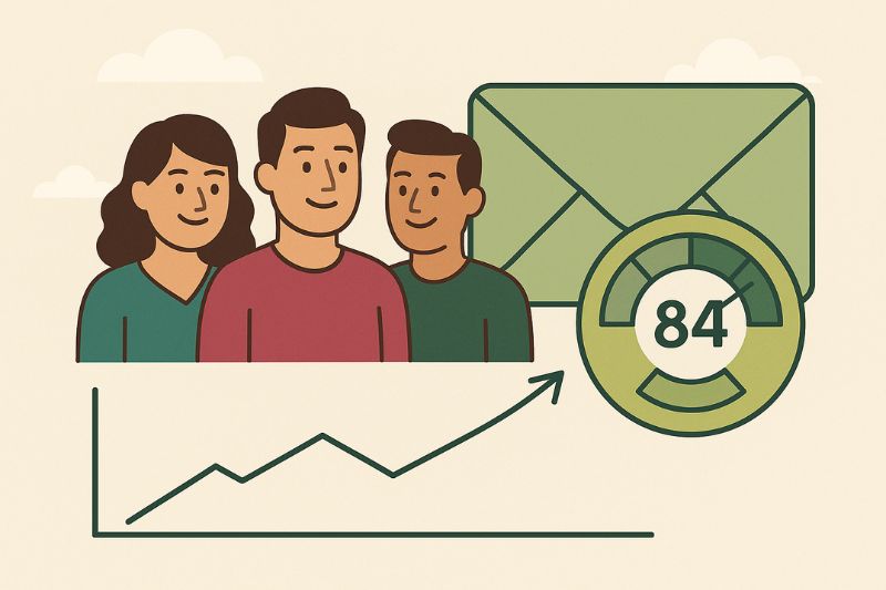 Ilustração de três pessoas, um envelope, um medidor mostrando 84 e uma linha de gráfico com tendência ascendente, sugerindo crescimento ou melhoria na comunicação e esforços para melhorar a capacidade de entrega dos e-mails da InfusionSoft.