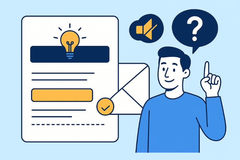 Ilustração de uma pessoa levantando um dedo ao lado de um formulário grande com uma lâmpada, um envelope e balões de fala - destacando ideias para melhorar a capacidade de entrega dos e-mails da InfusionSoft e responder a perguntas comuns sobre e-mails.