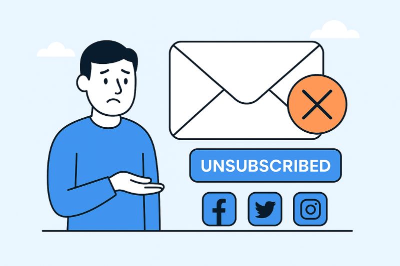 Ilustração de uma pessoa triste ao lado de um envelope grande com um 
