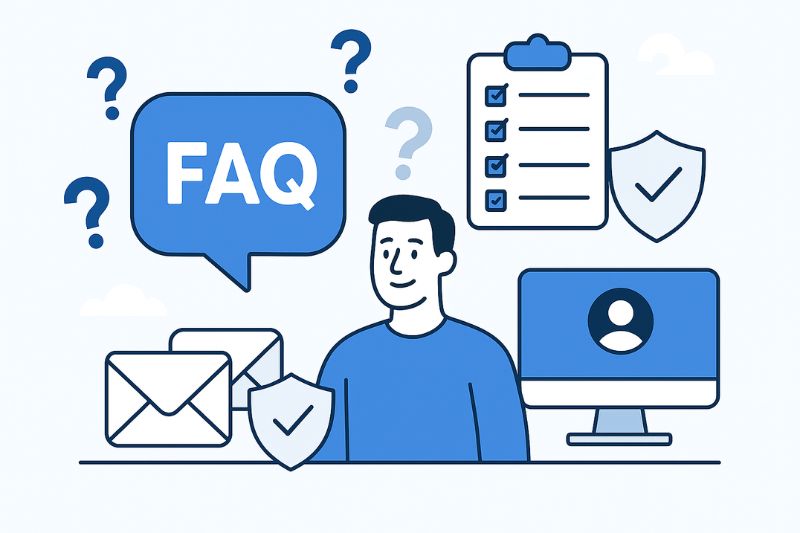 Ilustração de uma pessoa cercada por balões de diálogo de perguntas frequentes, um envelope, uma prancheta com marcas de verificação, ícones de escudo e um monitor de computador com um ícone de usuário - destacando maneiras de melhorar a capacidade de entrega dos e-mails da InfusionSoft.