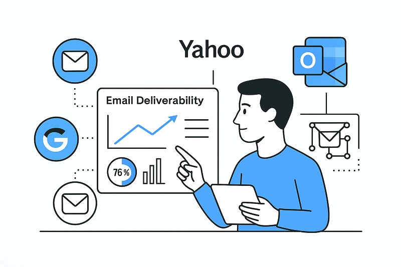 Illustration of a person analyzing email deliverability statistics, surrounded by icons of major email providers and a central chart, highlighting the importance of Email Deliverability Best Practices.