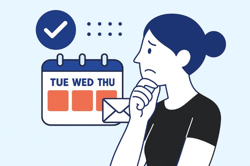 Illustration of a concerned person looking at a calendar showing Tuesday, Wednesday, and Thursday—with icons highlighting the Best Time to send a cold email: a check mark, dots, and an envelope.