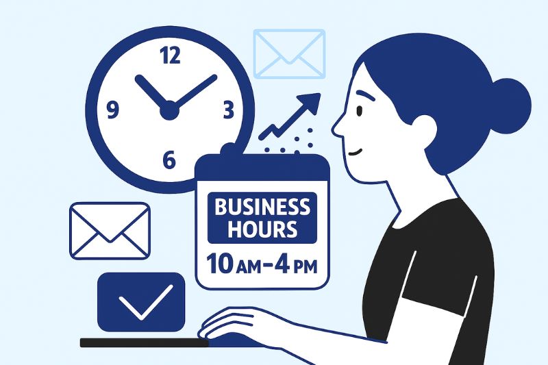 Illustration of a woman at a computer, surrounded by envelope icons and a clock, with a sign reading "Business Hours 10AM–4PM"—highlighting the best time to send a cold email for maximum impact.