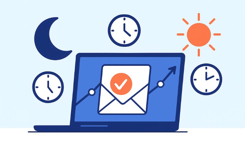 Illustration of a laptop displaying an email with a checkmark, surrounded by clocks, a sun, and a moon, symbolizing the Best Time to send a cold email and effective communication at all hours.