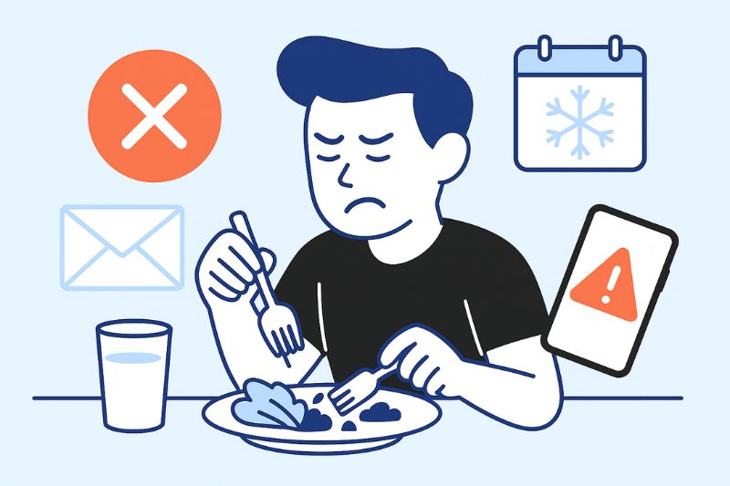 Illustration of a person looking unhappy while eating, surrounded by symbols for warning, a calendar with a snowflake that hints at the Best Time to send a cold email, a crossed-out circle, and an envelope, with a glass of water on the table.