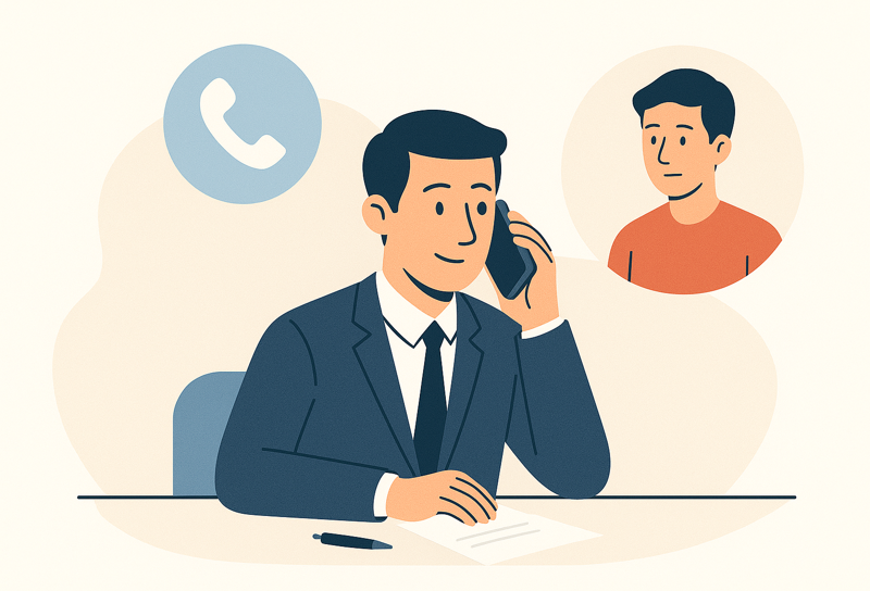 Ilustración de un hombre trajeado hablando por teléfono en su escritorio, con 