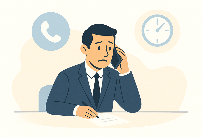 Ilustração de um homem preocupado, de terno, falando ao telefone enquanto escreve em um papel, com um relógio e um ícone de telefone ao fundo - retratando o estresse de uma chamada fria versus um e-mail frio.