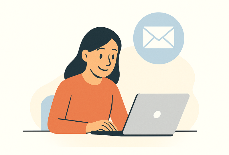 Ilustração de uma pessoa usando um laptop, com um ícone de e-mail em segundo plano, destacando o conceito de Cold Calling vs. Cold Emailing nas estratégias de comunicação modernas.