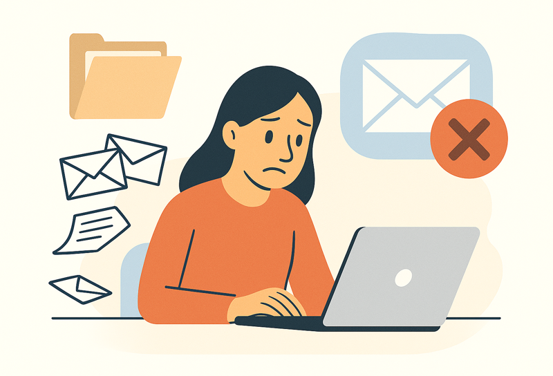Ilustração de uma mulher preocupada enquanto usa um laptop, cercada por ícones de envelope, uma pasta e um e-mail grande com um X vermelho - destacando os desafios de Cold Calling vs. Cold Emailing.