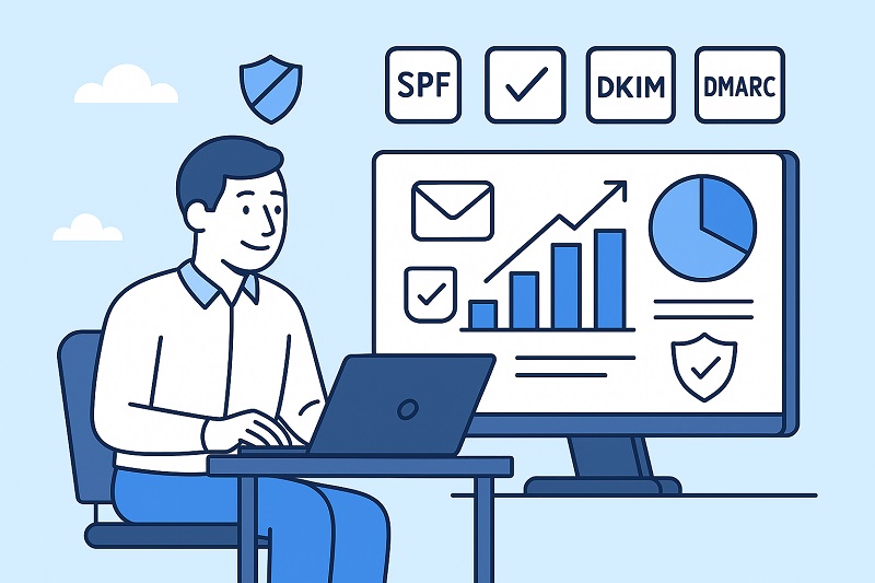 Illustration of a person using a laptop with a monitor showing graphs and email security terms: SPF, DKIM, DMARC. Icons of shields and checkmarks highlight Email Deliverability Experts And Consultants ensuring secure inbox success.