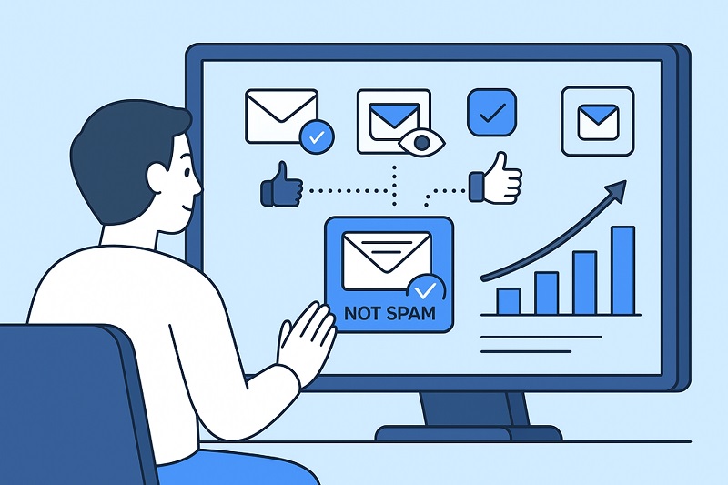 A person looks at a computer screen displaying email icons, a "not spam" label, thumbs up symbols, and a rising bar graph, symbolizing how Email Deliverability Experts And Consultants enhance email management and spam filtering.