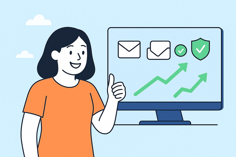 Illustration of a woman giving a thumbs up next to a monitor displaying icons and upward trending green graphs, highlighting growth and success with the help of Email Deliverability Experts and Consultants.