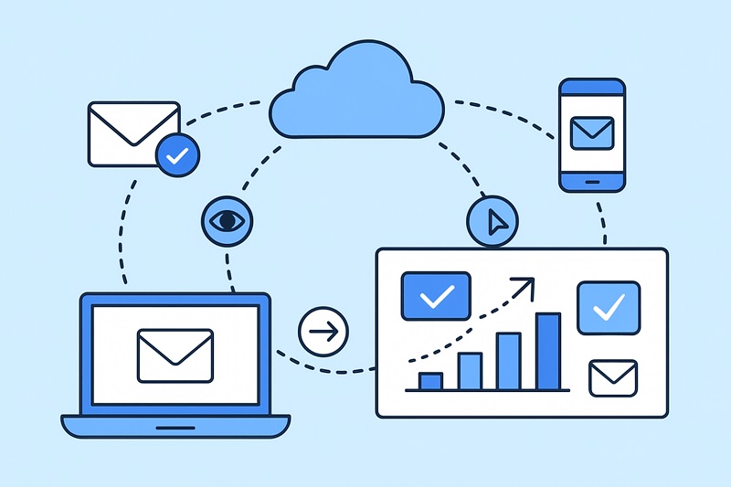 Illustration of cloud computing featuring icons for email, data, charts, laptop, smartphone, and connectivity on a light blue background—ideal for Email Deliverability Experts and Consultants.