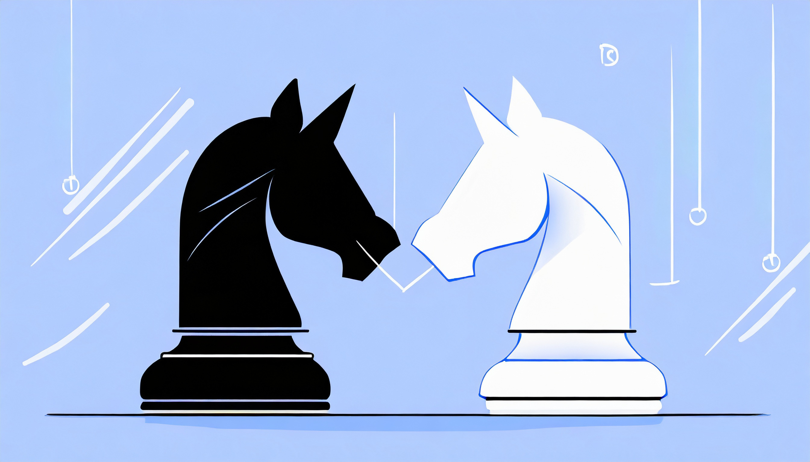 Two chess pieces face each other on a cold blue background.