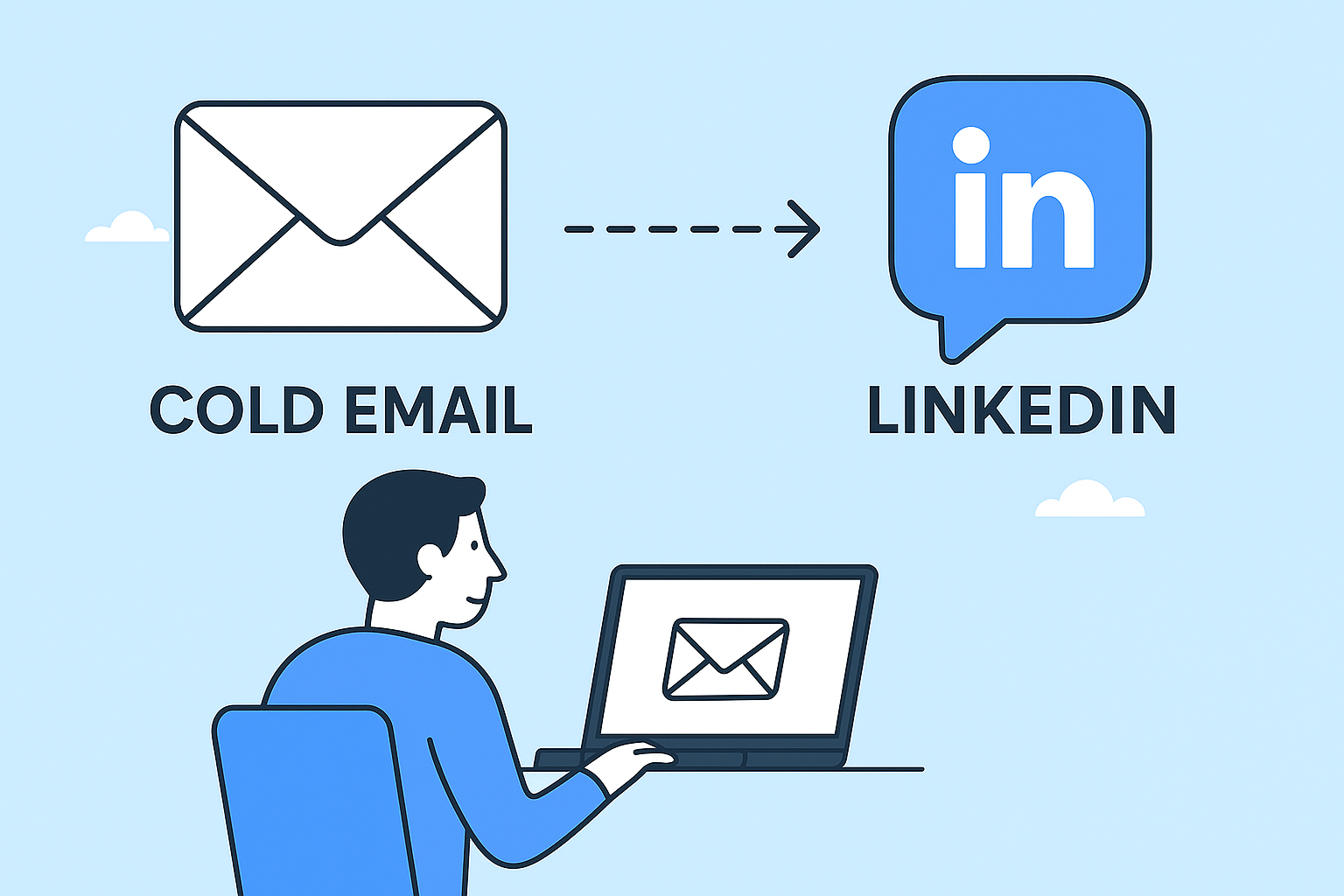 Ilustración de una persona frente a un ordenador portátil con iconos que representan Cold Email frente a LinkedIn, destacando las diferencias en las estrategias de difusión y creación de redes.